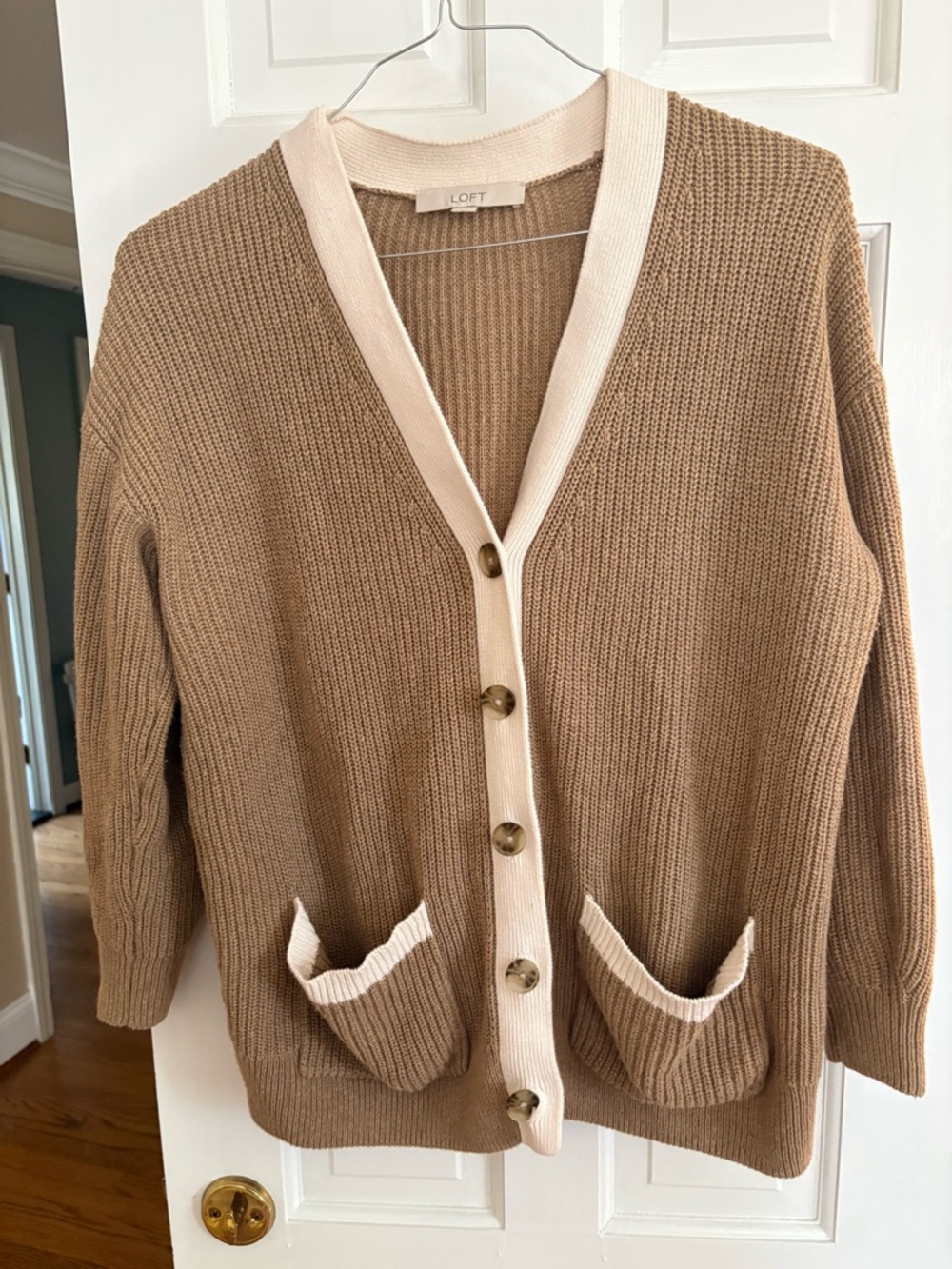 LOFT Tan Cardigan with Cream Trim and Patch Pockets